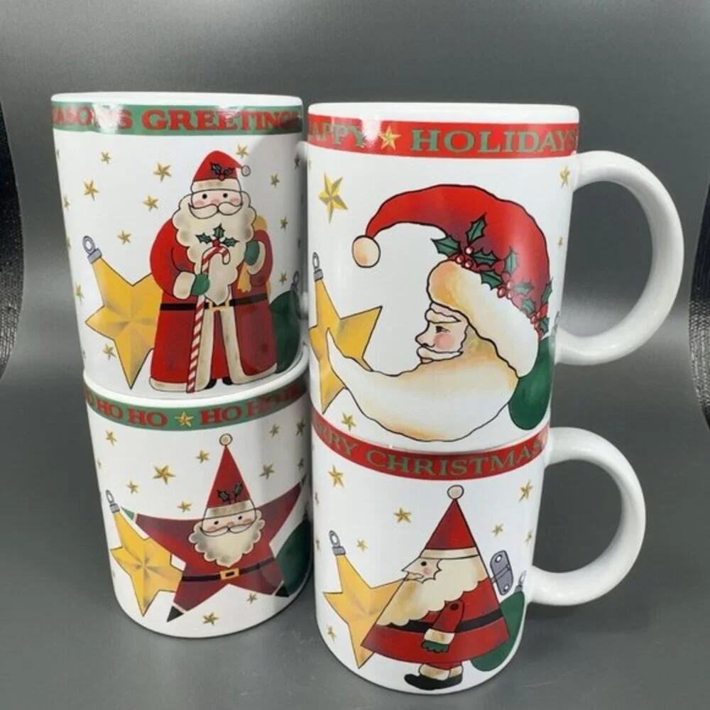 1994 Signature Housewares Santa Coffee Mug Cup Set 4 All Different Mugs Cups VTG